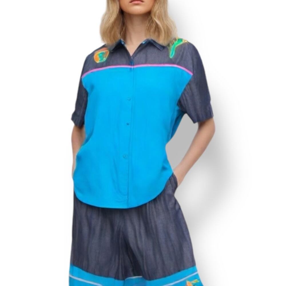 Vintage 90s Southwestern Appliqué Denim Button‎ Up Shirt Gaucho Pants Set Medium